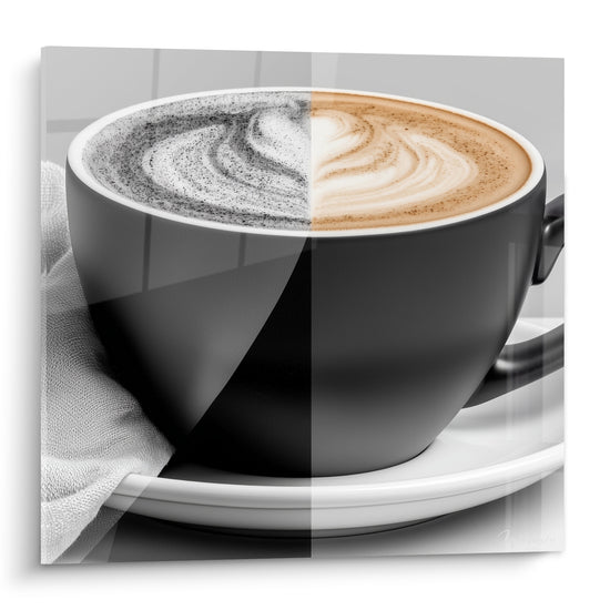 Tasse noire de café à la mousse mi-grise mi-caramel, latte art symétrique et raffiné