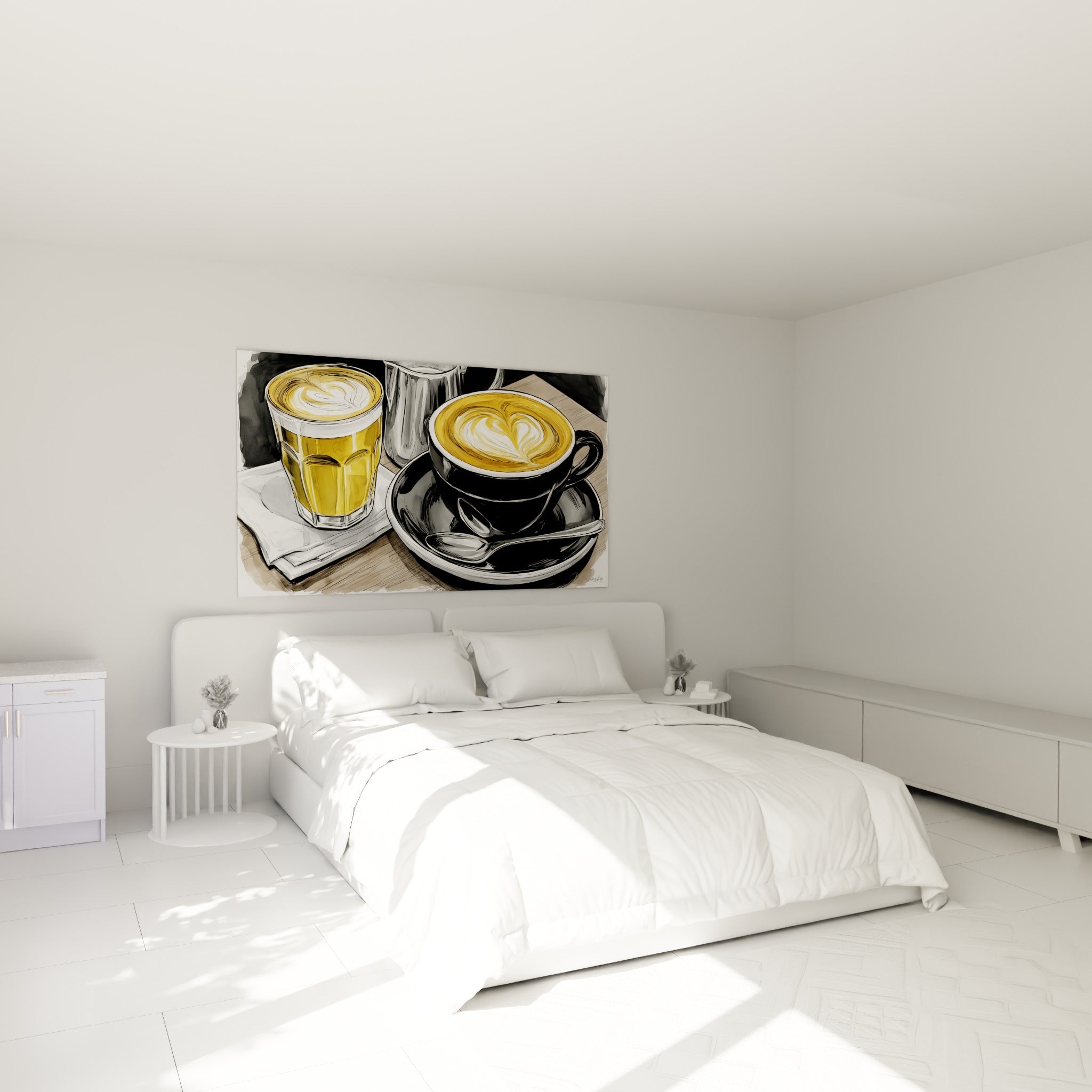 Tasses de café doré et noir au motif floral, au-dessus d'un lit dans une chambre claire