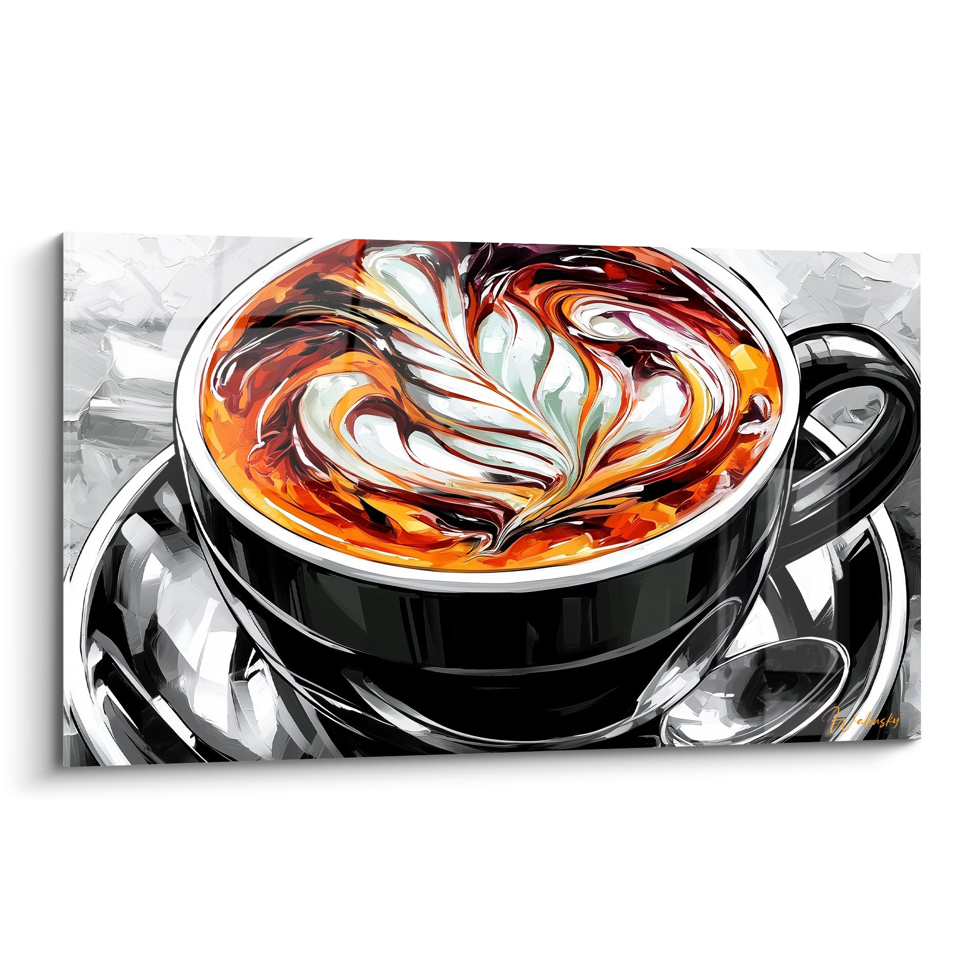 Tasse noire café aux volutes orangées et bordeaux, mousse blanche sculptée, style peinture au couteau