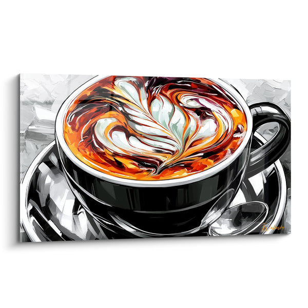 Black Cup with Orange and White Whirlpool - Spoon and Gray Saucer - Coffee Edition