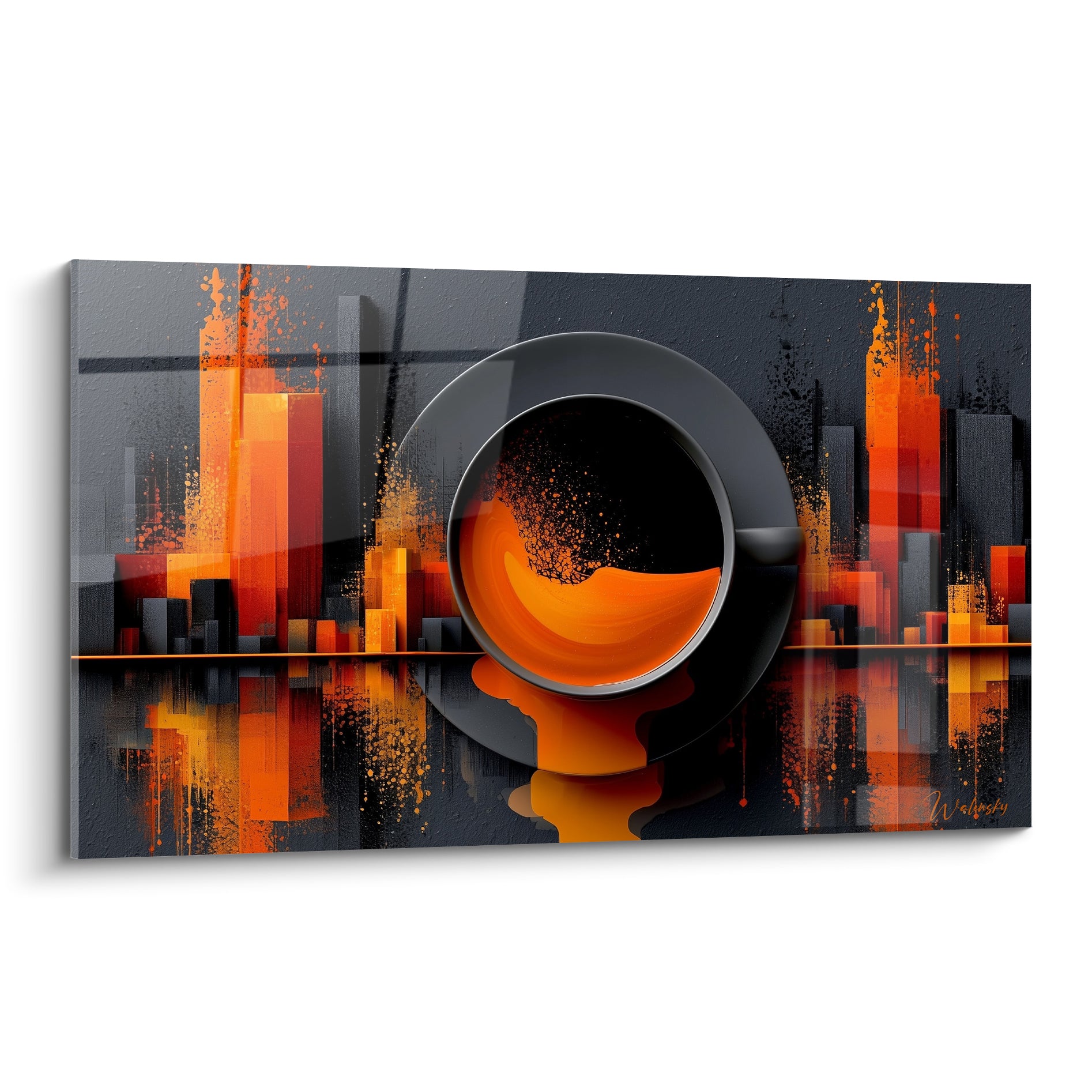 Tasse noire renversée sur skyline orange et anthracite, café coulant, style graphique intense