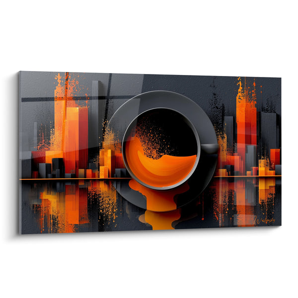 Black Mug and Orange Skyscrapers Painting - Urban Awakening - Café Edition