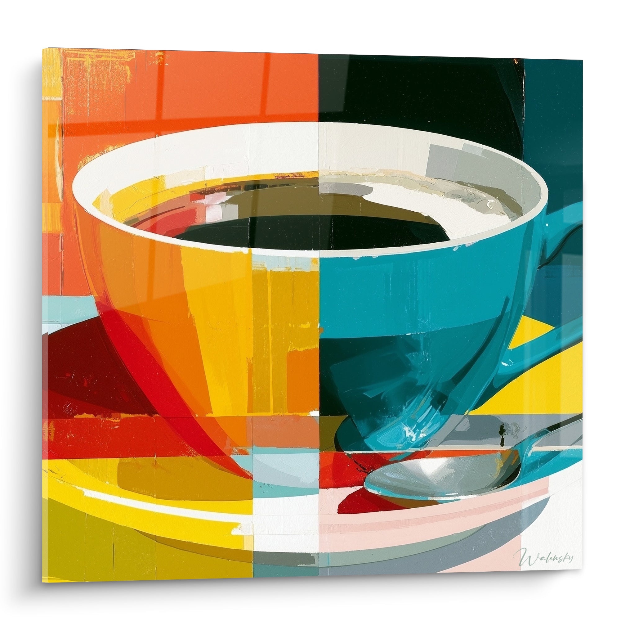 Tasse de café orange et bleu sarcelle peinte en aplats géométriques contrastés vifs