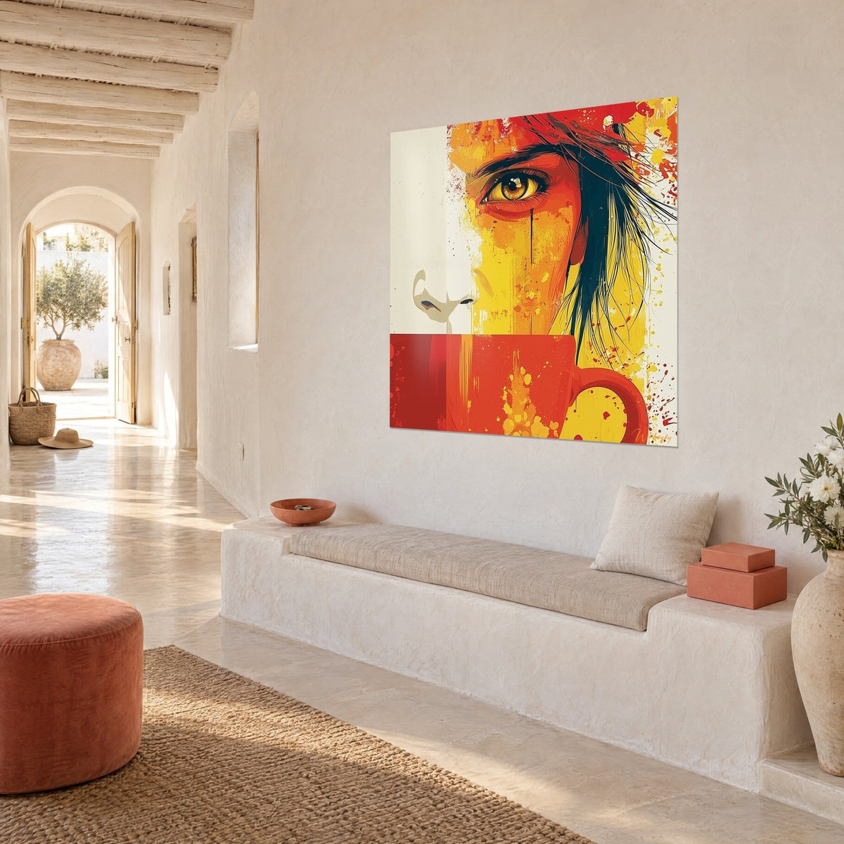 Quadro sguardo febbrile ambra, lacrima scura e naso beige pallido, giallo e rosso vivaci, in vista di tre quarti su una parete bianca