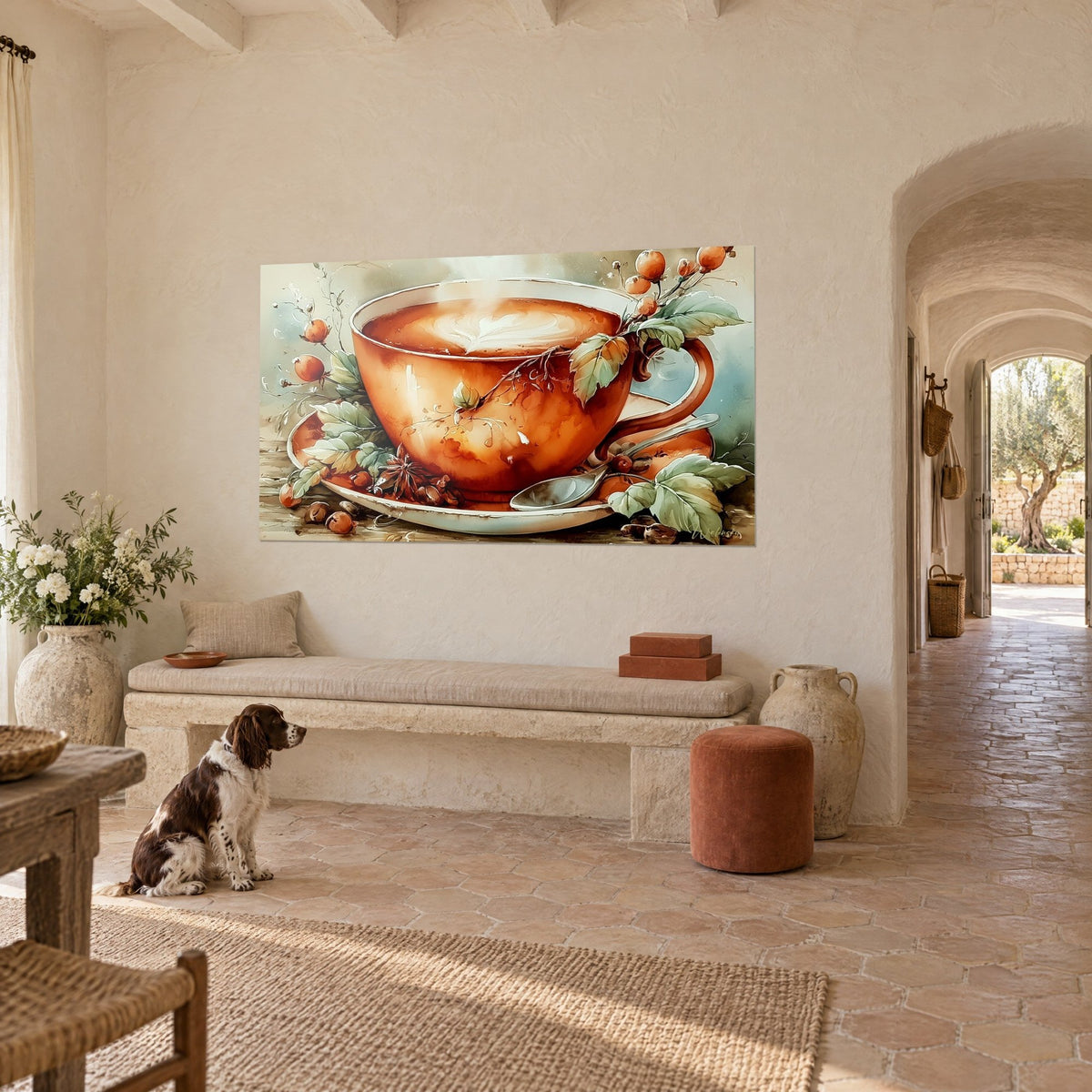 Tableau café latte à l'aquarelle, tasse cuivrée, feuilles sauge et anis étoilé, un spaniel assis devant un banc de pierre