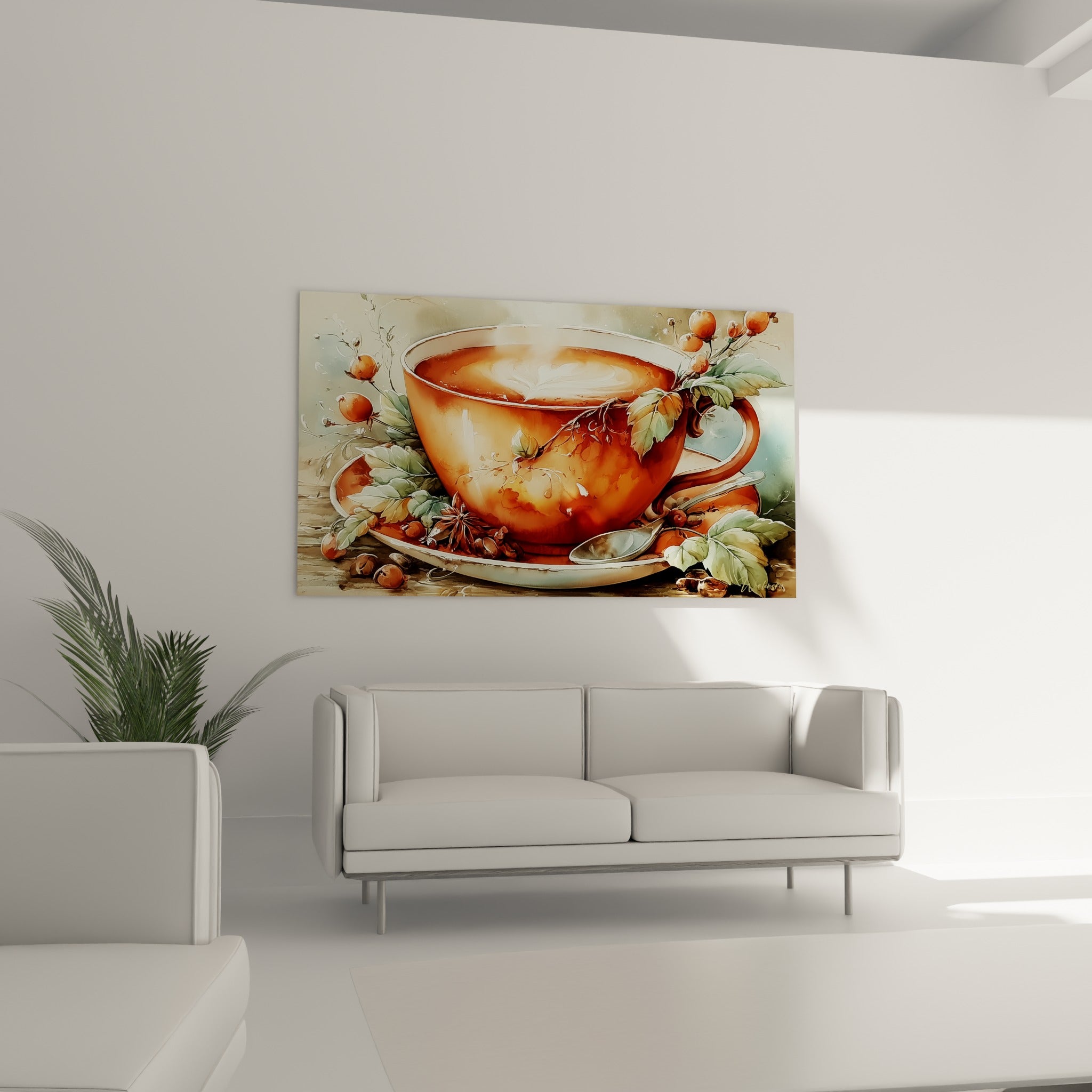 Tasse orangée aux motifs floraux et branches vertes, placée au-dessus d'un canapé dans un salon lumineux
