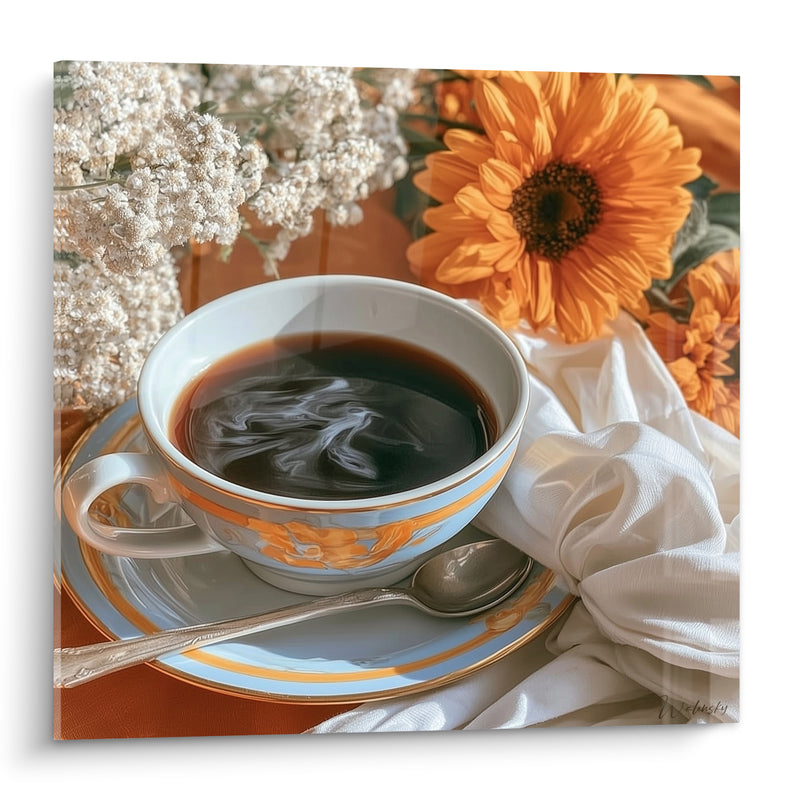 Tableau Tasse porcelaine bleue et tournesols orangés - Réveil doré - Edition Café