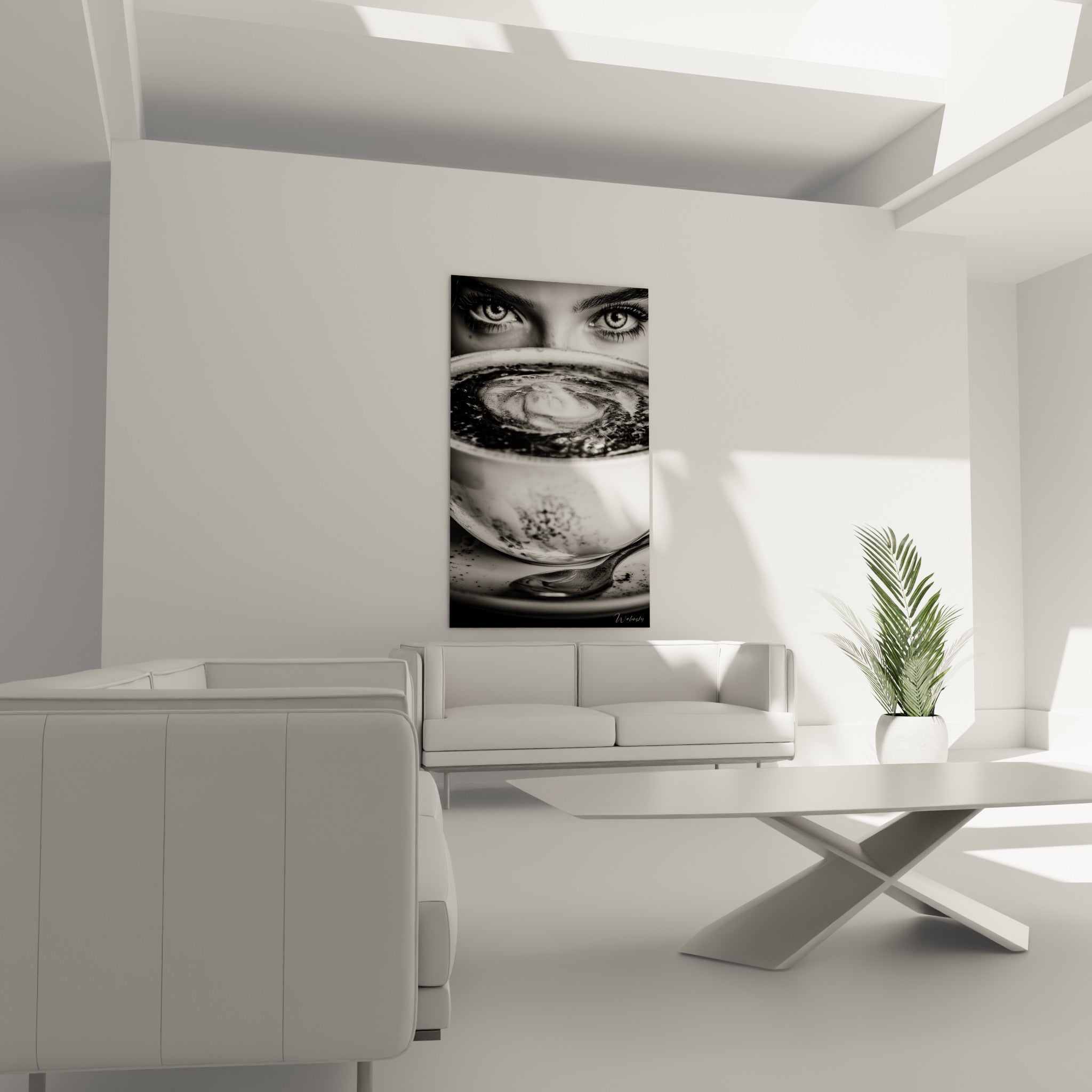 Tasse de café graphite et regard mystérieux en clair-obscur, au-dessus d'un canapé dans un salon lumineux
