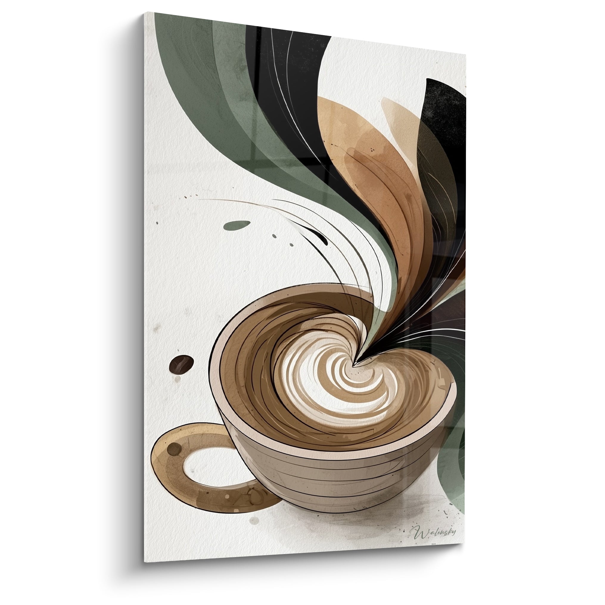Tasse de café beige à spirale caramel, entourée de vagues vert sauge et anthracite sur fond crème