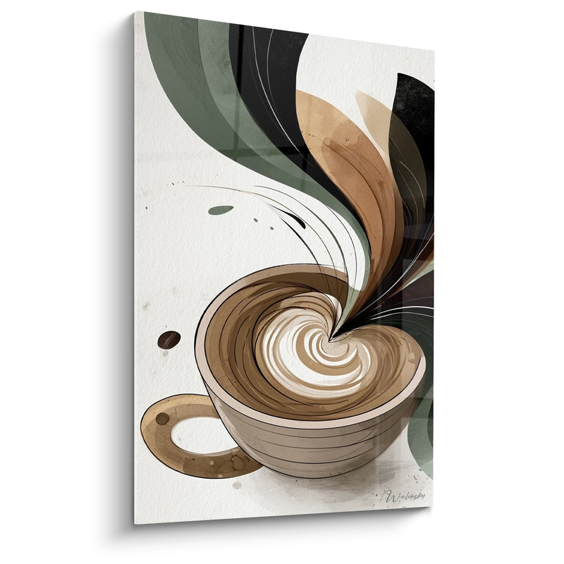 Tableau Tasse beige au tourbillon vert et noir - Grain de café isolé - Edition Café