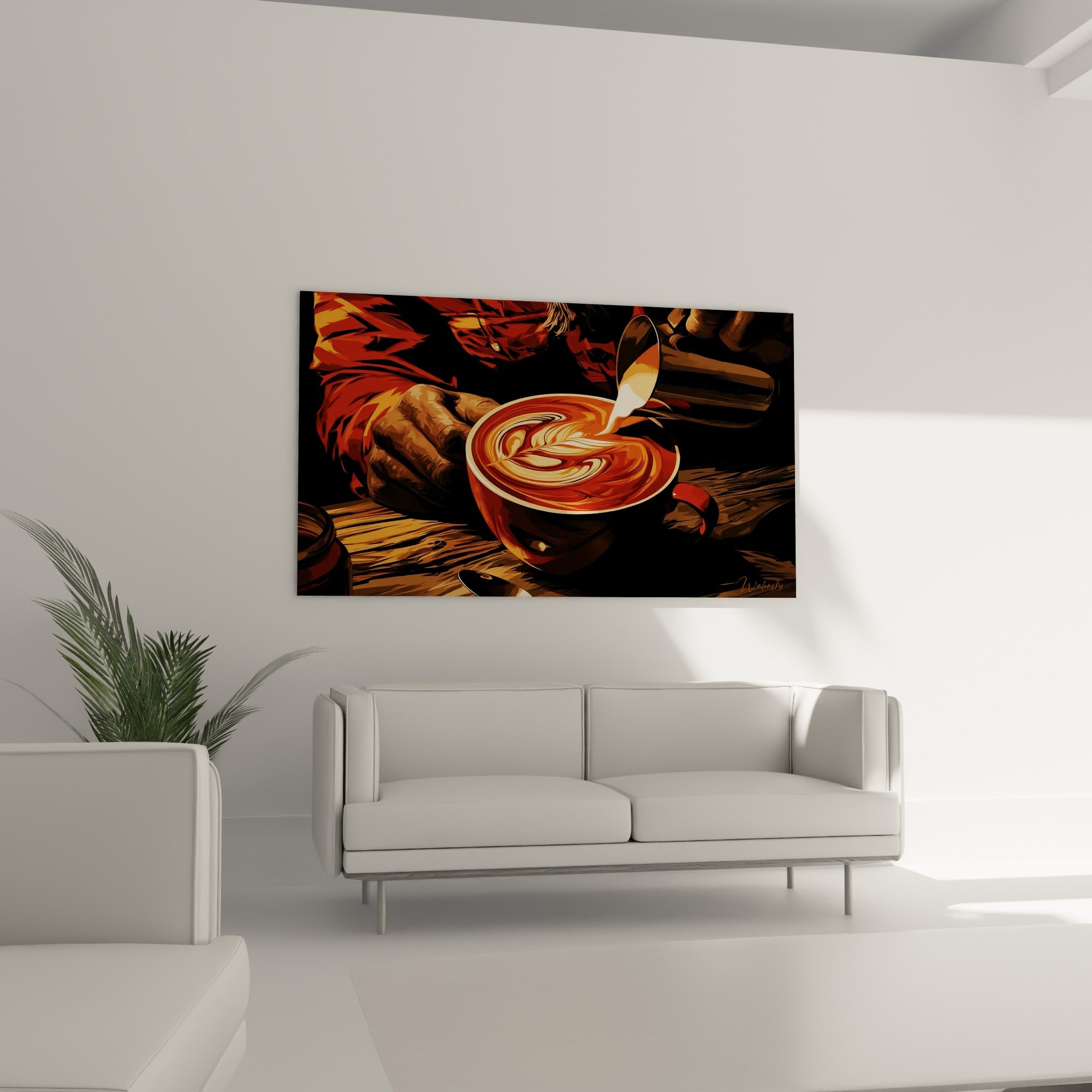 Tasse terracotta et lait doré formant une rosace, tableau café au-dessus d'un canapé dans un salon lumineux