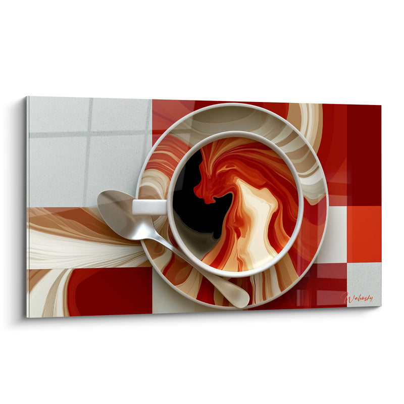 Tableau Tasse blanche au tourbillon rouge et crème sur damier - Cuillère et fond quadrillé - Edition Café