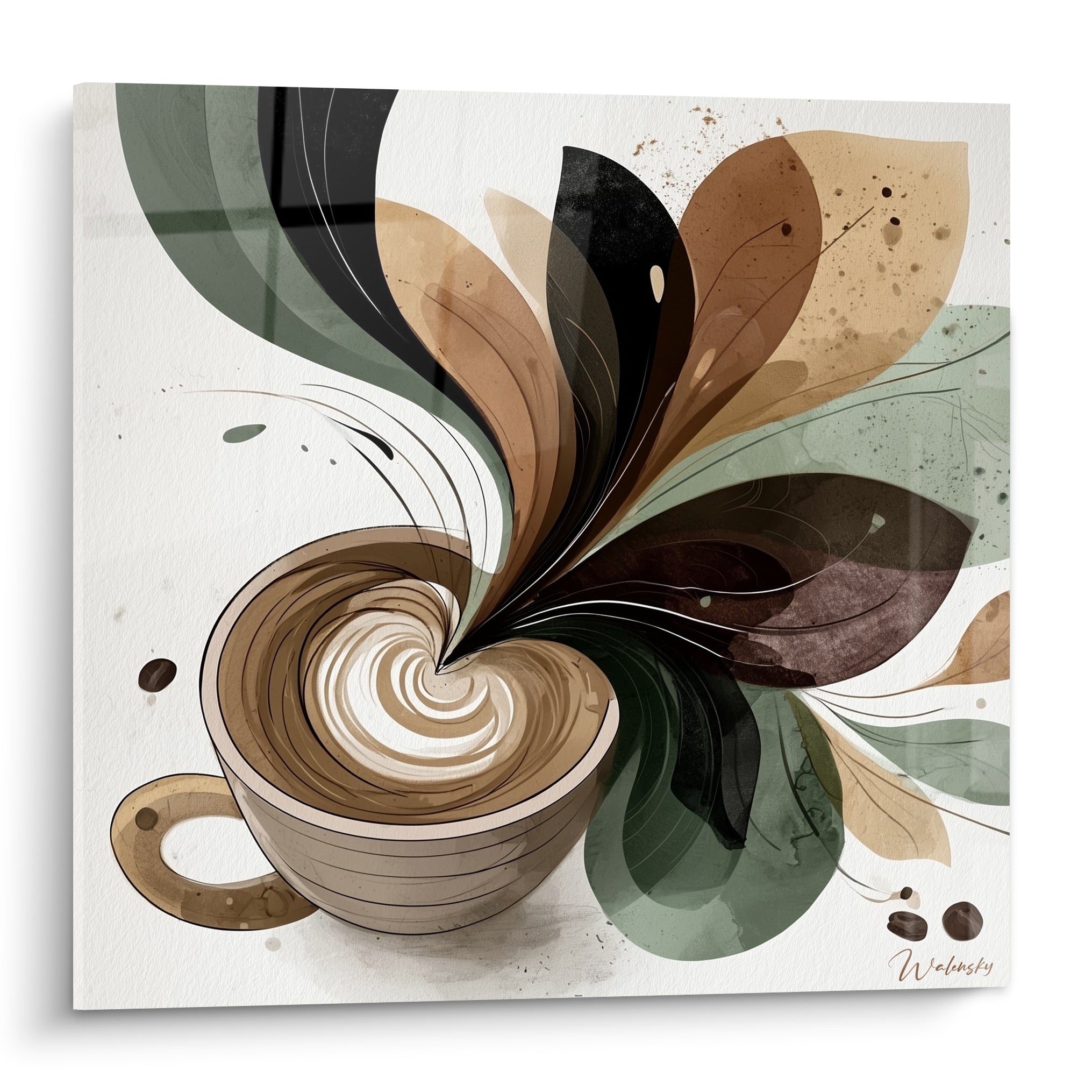 Tasse de café terracotta et vert sauge d'où jaillit un bouquet de pétales peints