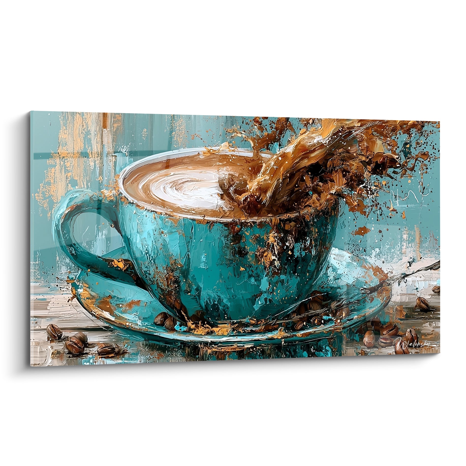 Tasse turquoise de café éclaboussant en brun et doré, mousse blanche visible au centre