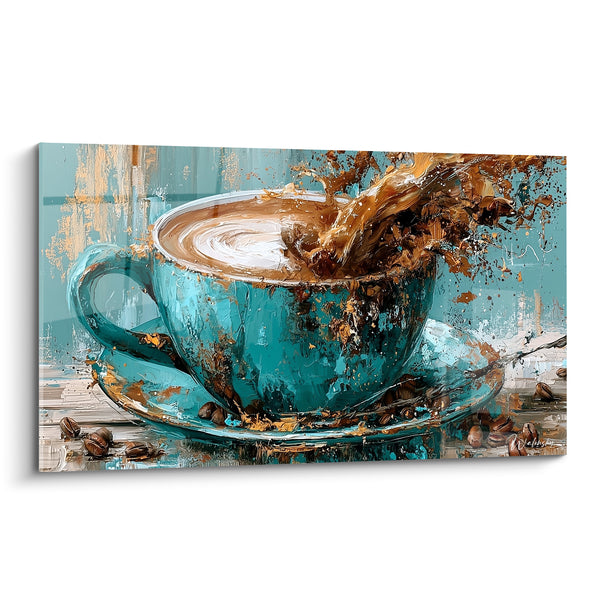 Turquoise and Brown Coffee Cup with Splashing Highlights - Scattered Grounds on Saucer - Café Edition