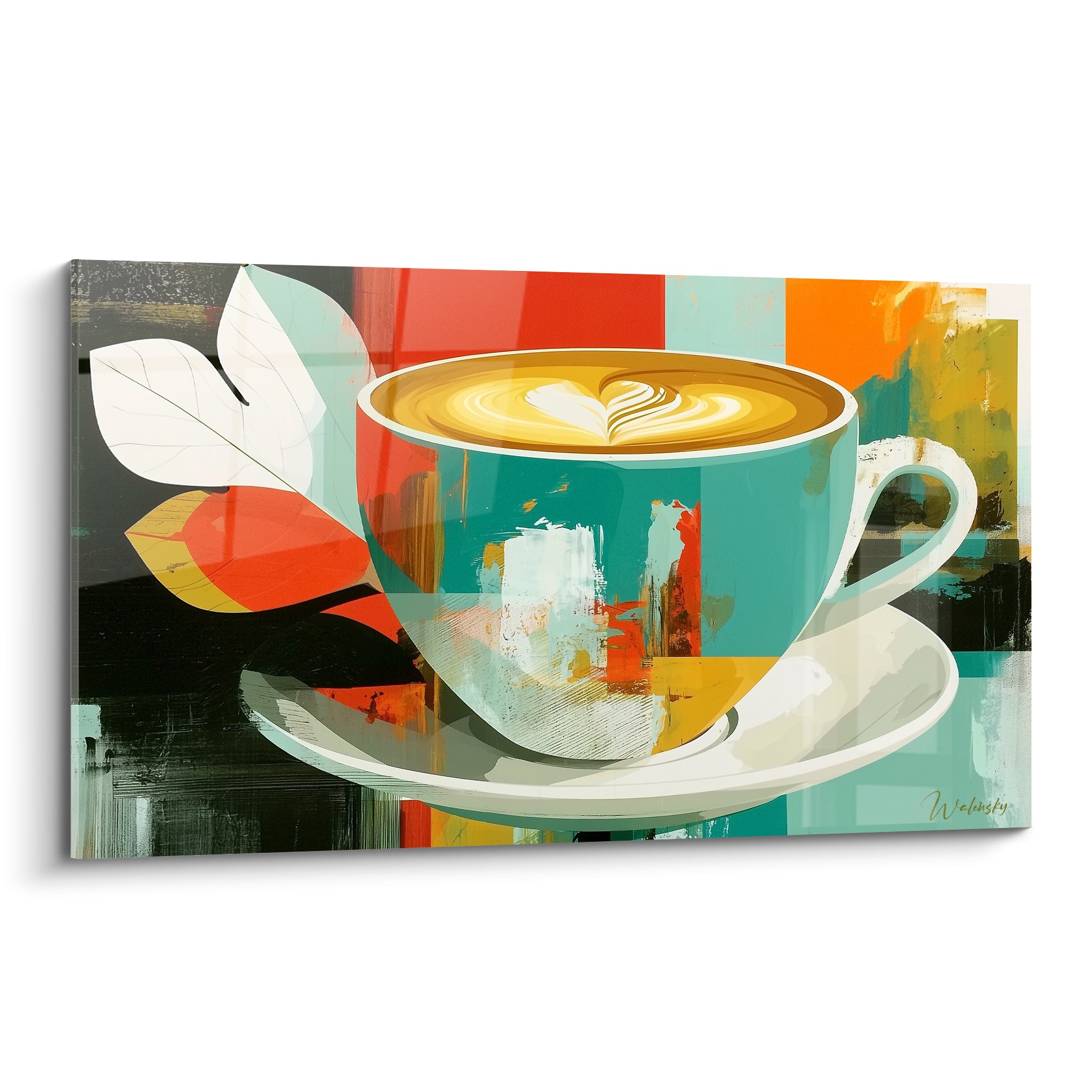 Tasse turquoise à motif cœur doré, fond patchwork rouge et orange, style graphique