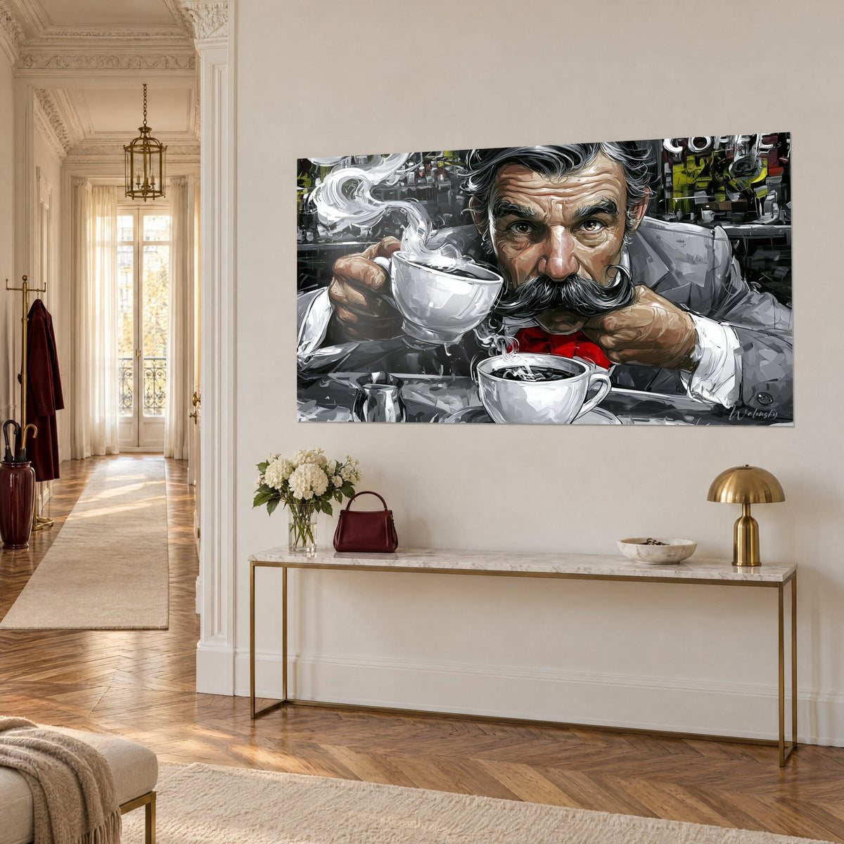 Tableau homme à la moustache en guidon savourant son café, veste grise et nœud rouge, sur un mur beige près d'une console dorée