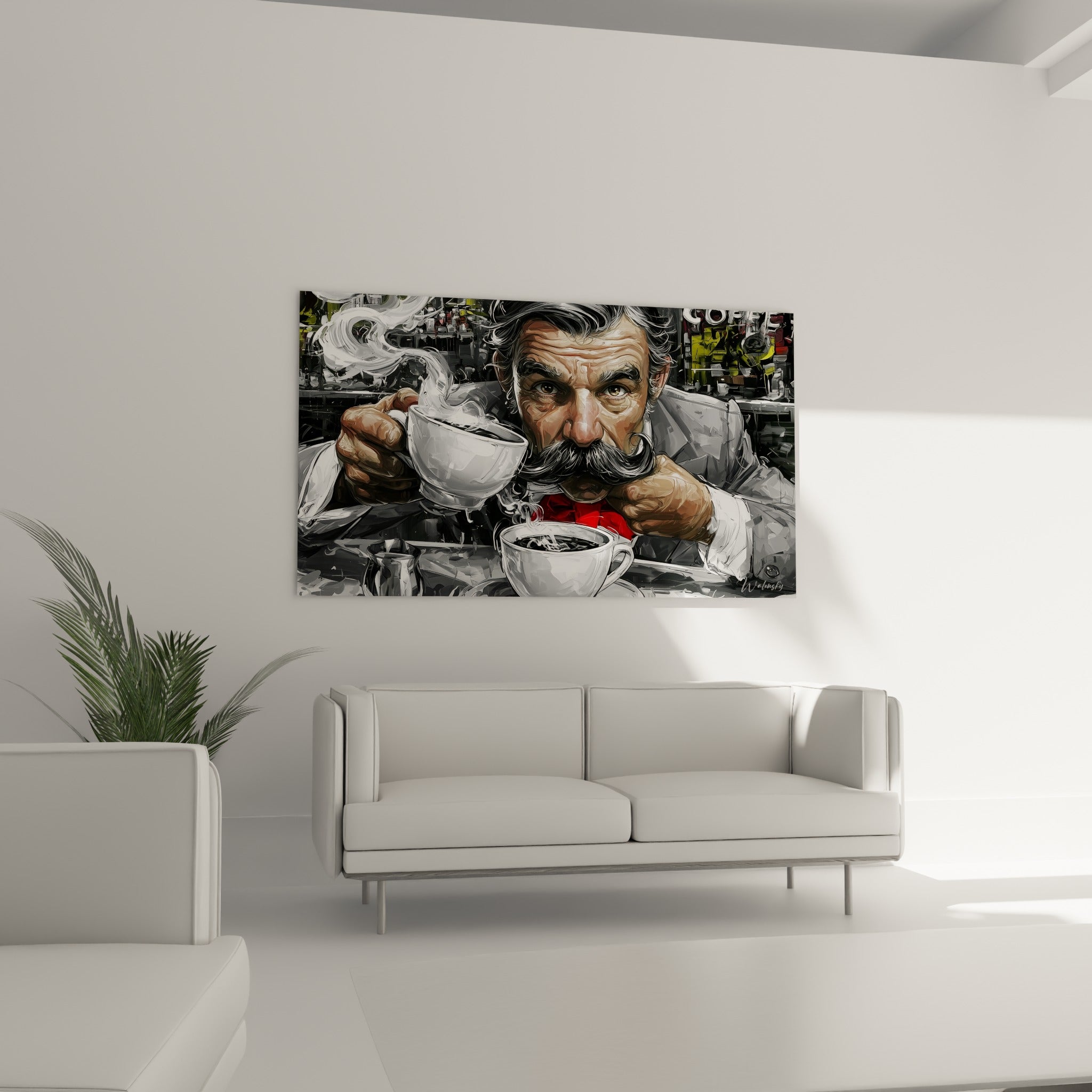 Homme moustachu tenant une tasse blanche fumante, accroché au-dessus d'un canapé dans un salon lumineux