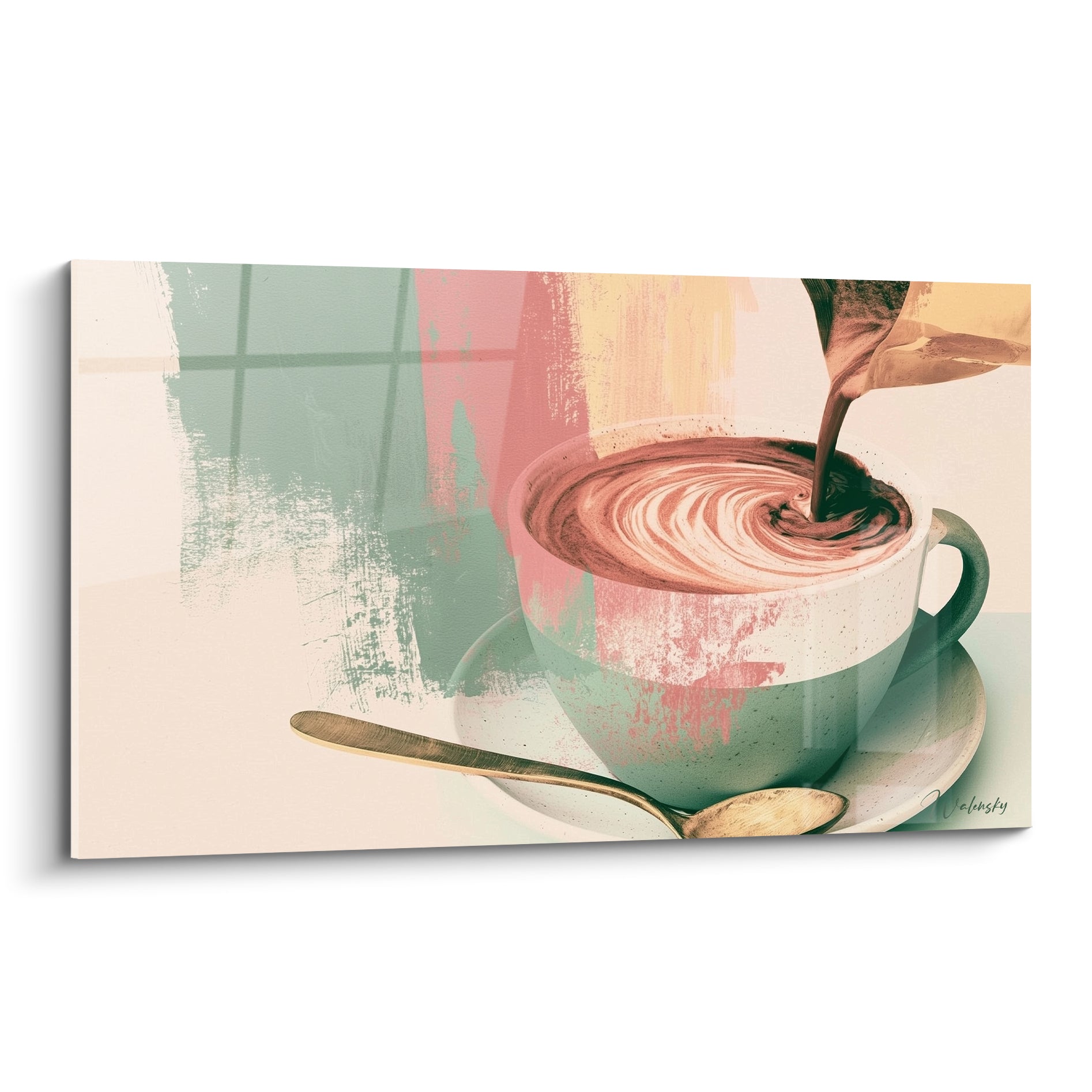 Café brun versé en tourbillon dans une tasse vert menthe sur fond rose poudré et ocre