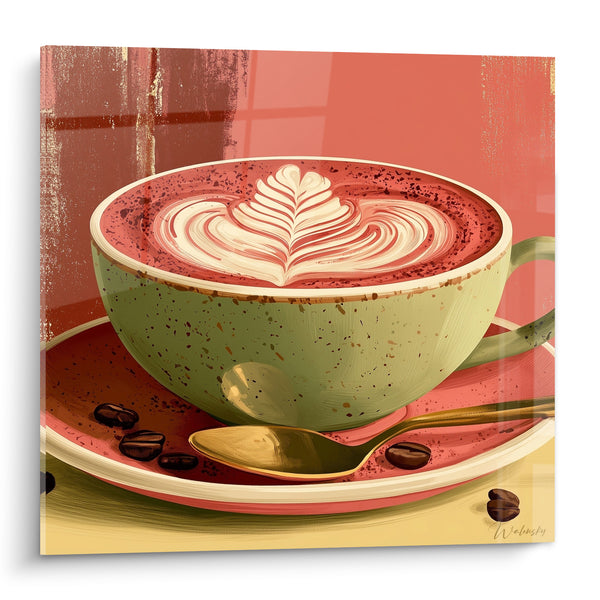 Spotted Green Latte Art Table with Pink Foam - Brown Beans and Golden Spoon - Coffee Edition