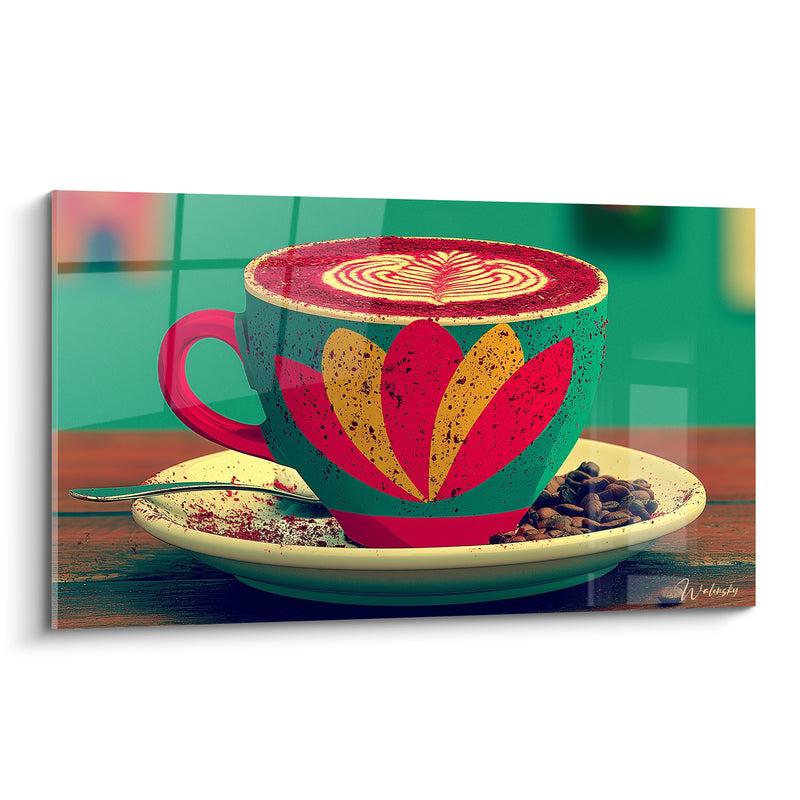 Tableau Tasse turquoise et rouge à fleur peinte - Cuillère et grains épars - Edition Café