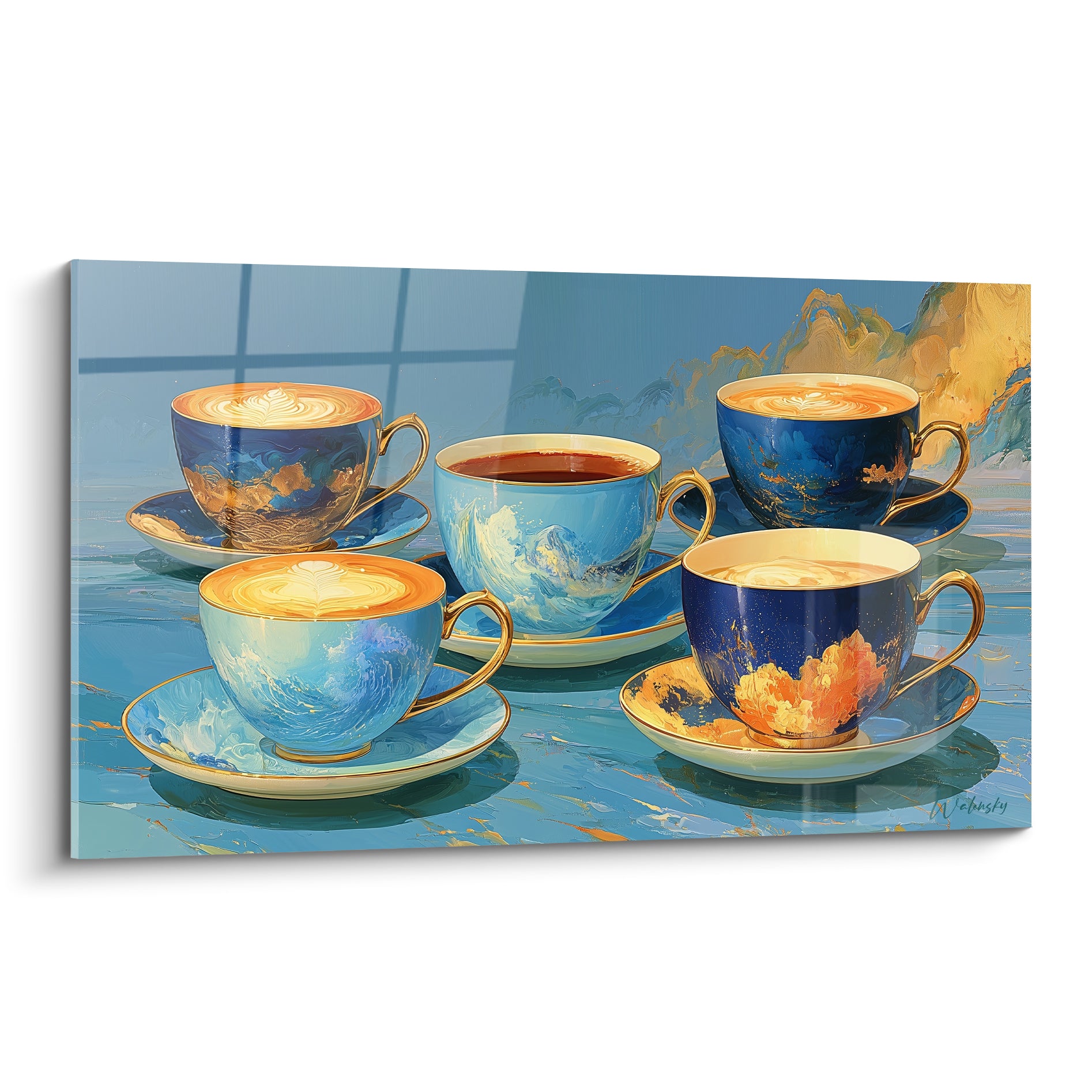 Cinq tasses café bleu marine et doré, latte art turquoise sur fond bleu profond
