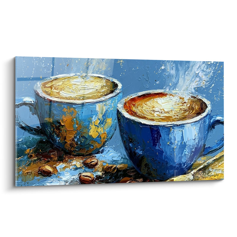 Tableau Deux tasses bleues aux reflets dorés - Pause à deux - Edition Café