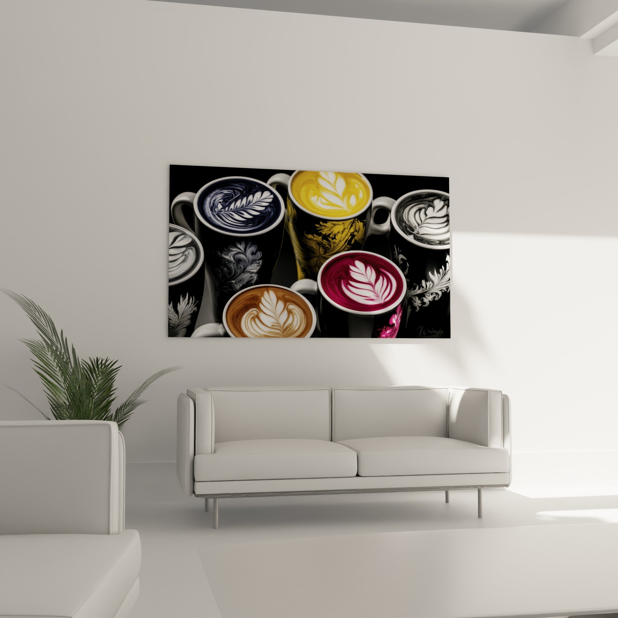Latte art bordeaux et doré sur tasses de café, disposé au-dessus d'un canapé dans un salon lumineux