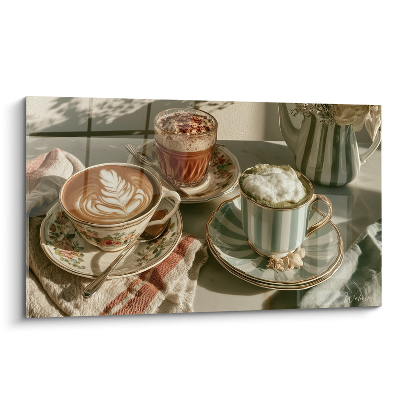 Tableau Cappuccinos dorés et verts sur nappe rosée - Pause matinale douce - Edition Café