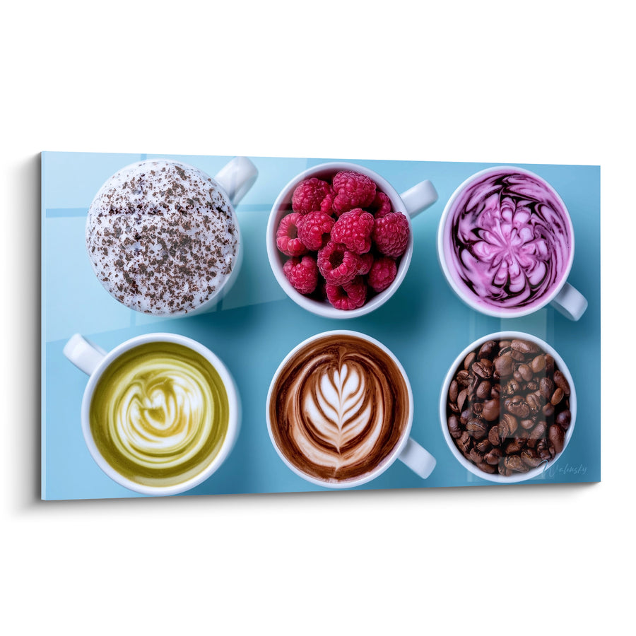 Tableau Tasses blanches et bleues aux framboises fraîches - Boissons variées assorties - Edition Café