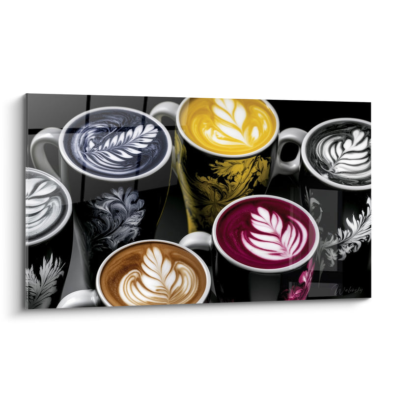 Tableau Tasses jaune et bordeaux aux motifs latte - Rituel du barista - Edition Café