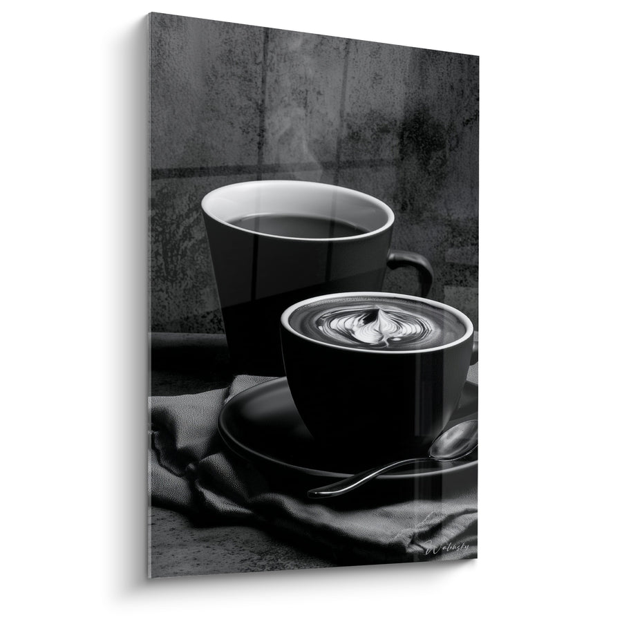 Tableau Deux tasses noires et grises au latte art - Serviette froissée et cuillère - Edition Café