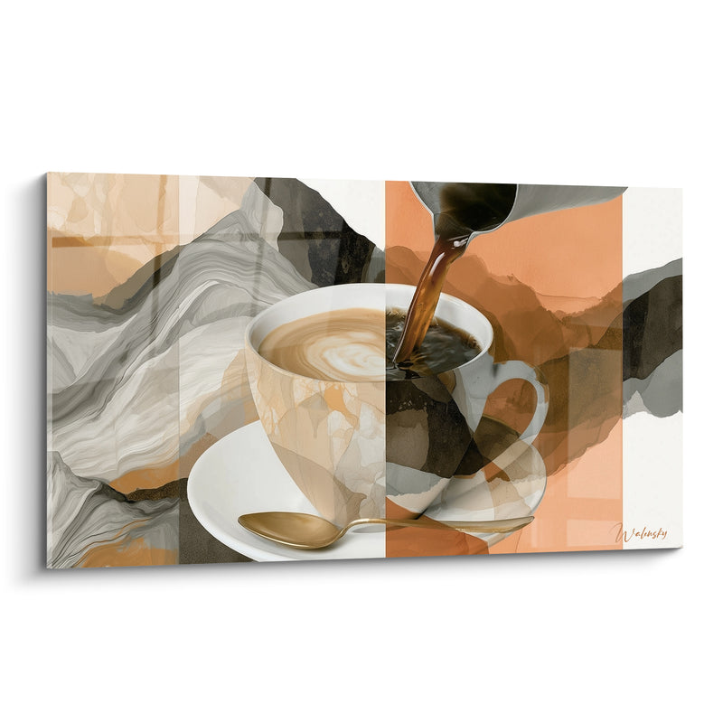 Tableau Tasse diptyque beige et grise à cuillère dorée - Fond marbré aux montagnes - Edition Café