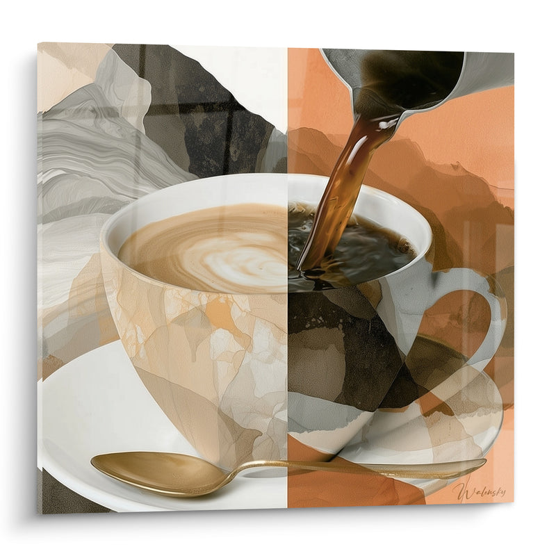 Tableau Tasse diptyque beige et noire à cuillère dorée - Versement du café noir - Edition Café