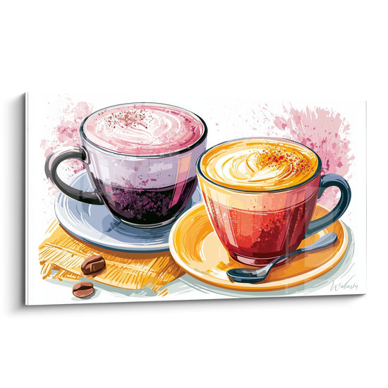 Tableau café aux tasses violette et rouge illustrées avec mousse crémeuse et grains marron