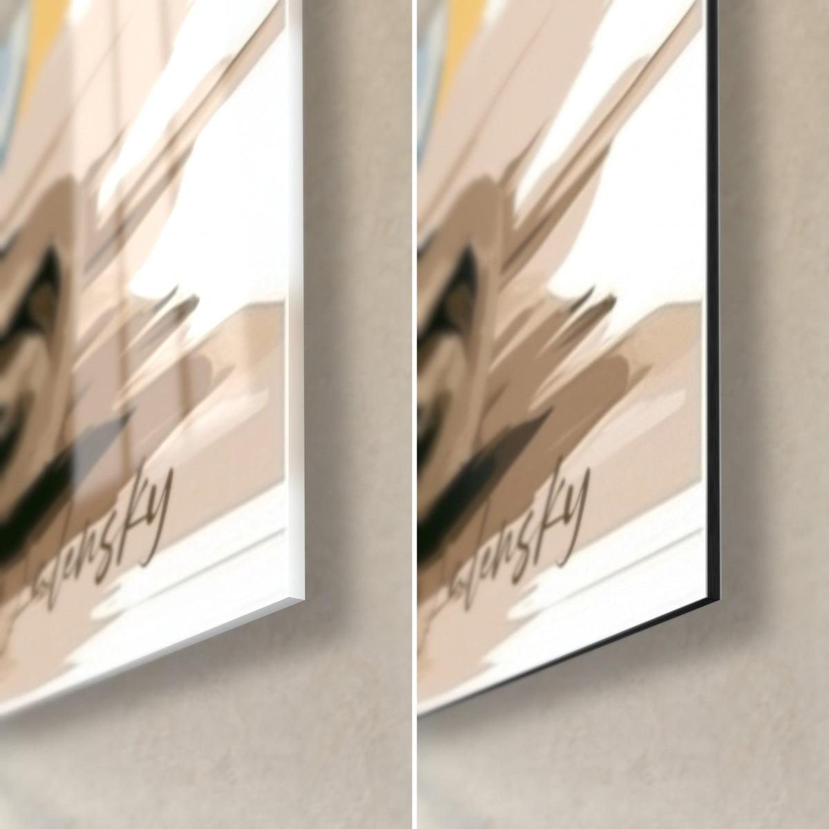 Quadro caffè latte blu e giallo, angolo in basso a destra: vetro acrilico lucido con riflessi, alluminio Dibond nero opaco e bordo da 3 mm