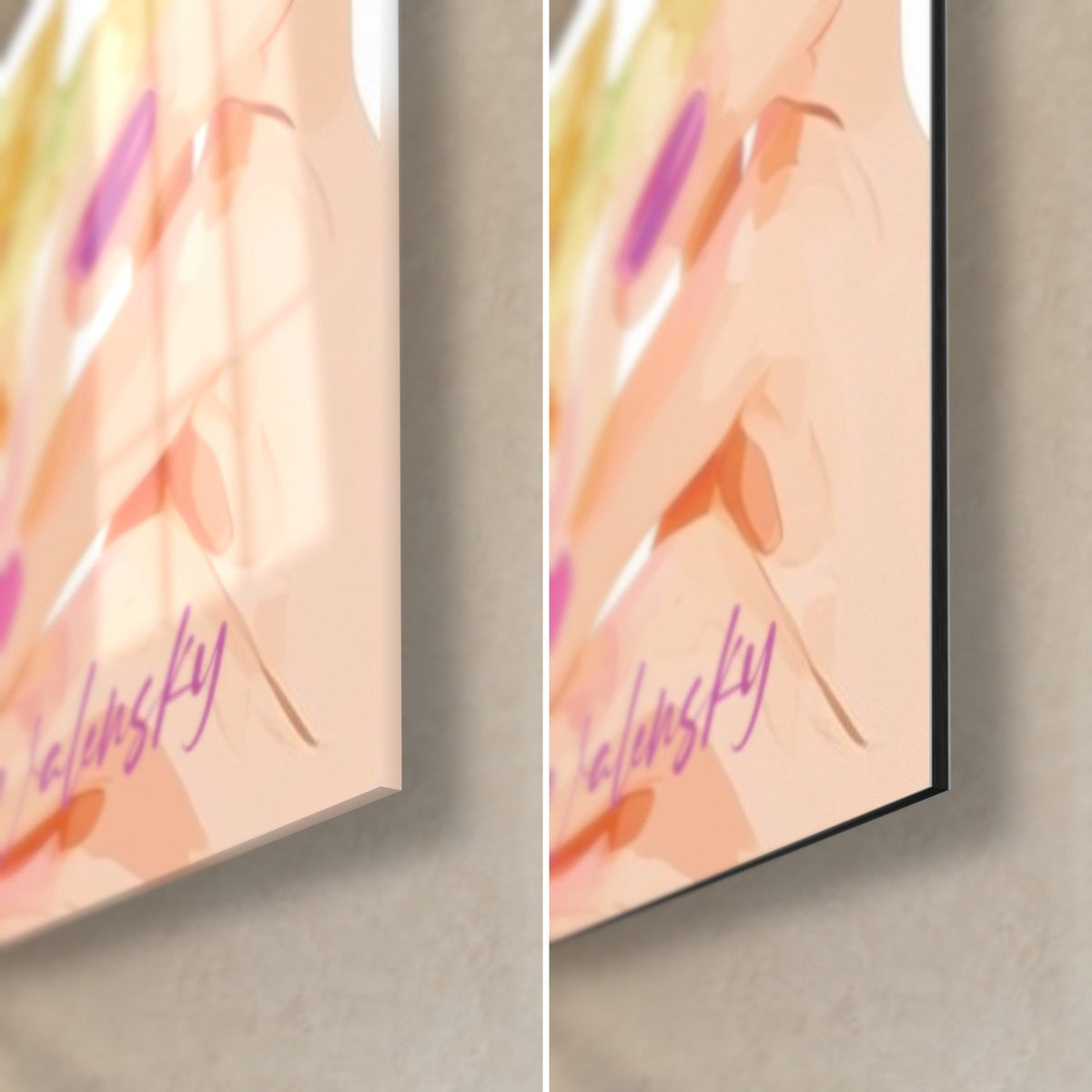 Tableau femme à la peau pêche et signature violette Walensky, coin bas droit en verre brillant à gauche et alu Dibond mat à droite, tranche de 3 mm