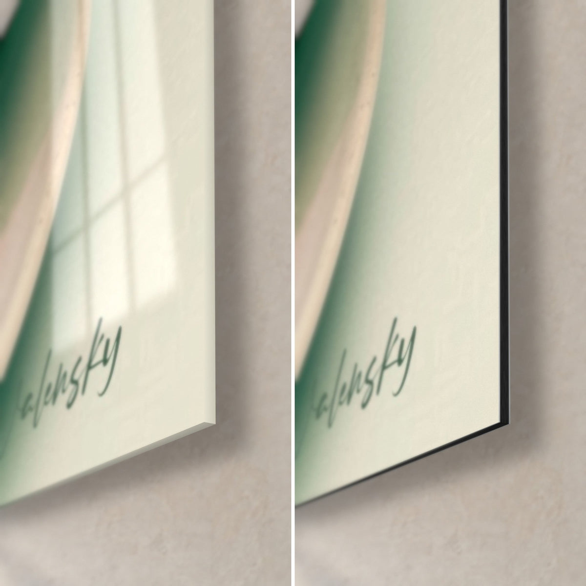 Tableau tasse de café vert menthe et rose, coin bas droit : verre acrylique brillant et reflets à gauche, Dibond blanc mat à droite, tranche de 3 mm