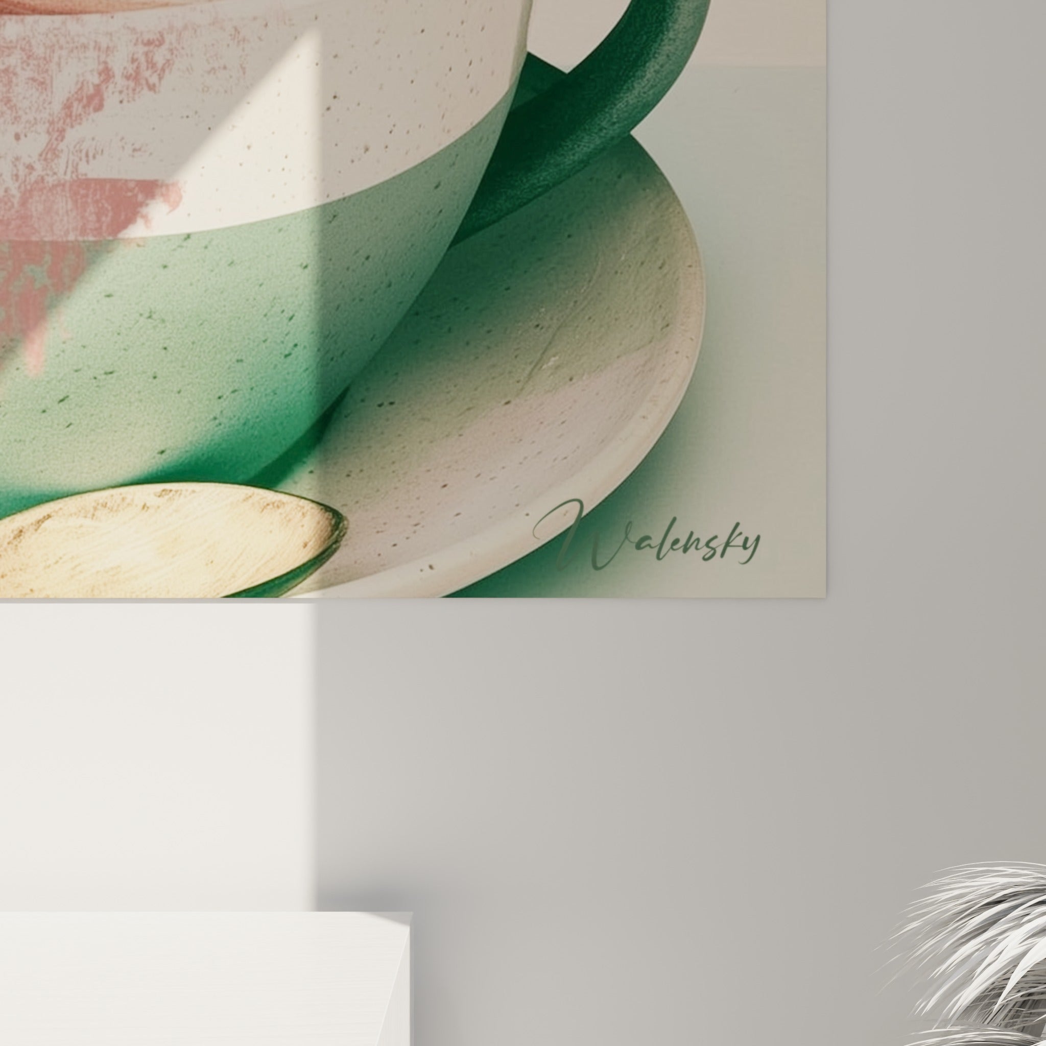 Grain de peinture visible sur le tourbillon brun et crème, empâtements colorés en rose poudré et vert menthe