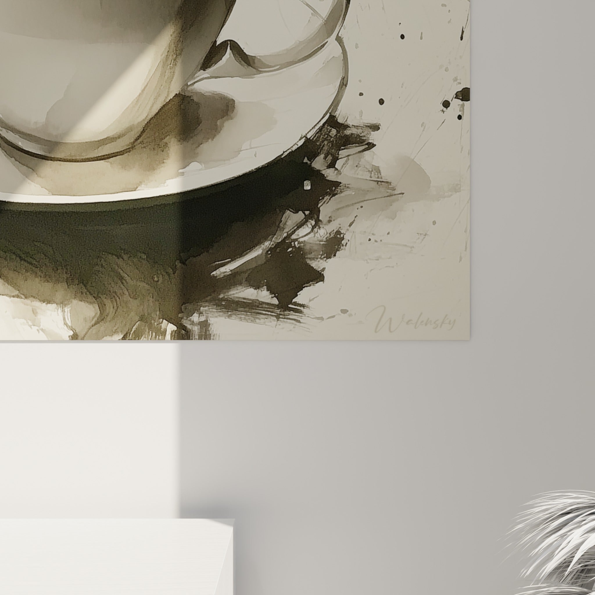 Coulures noires et gouttes écarlates visibles en surface, matière et grain de l'impression du tableau Café
