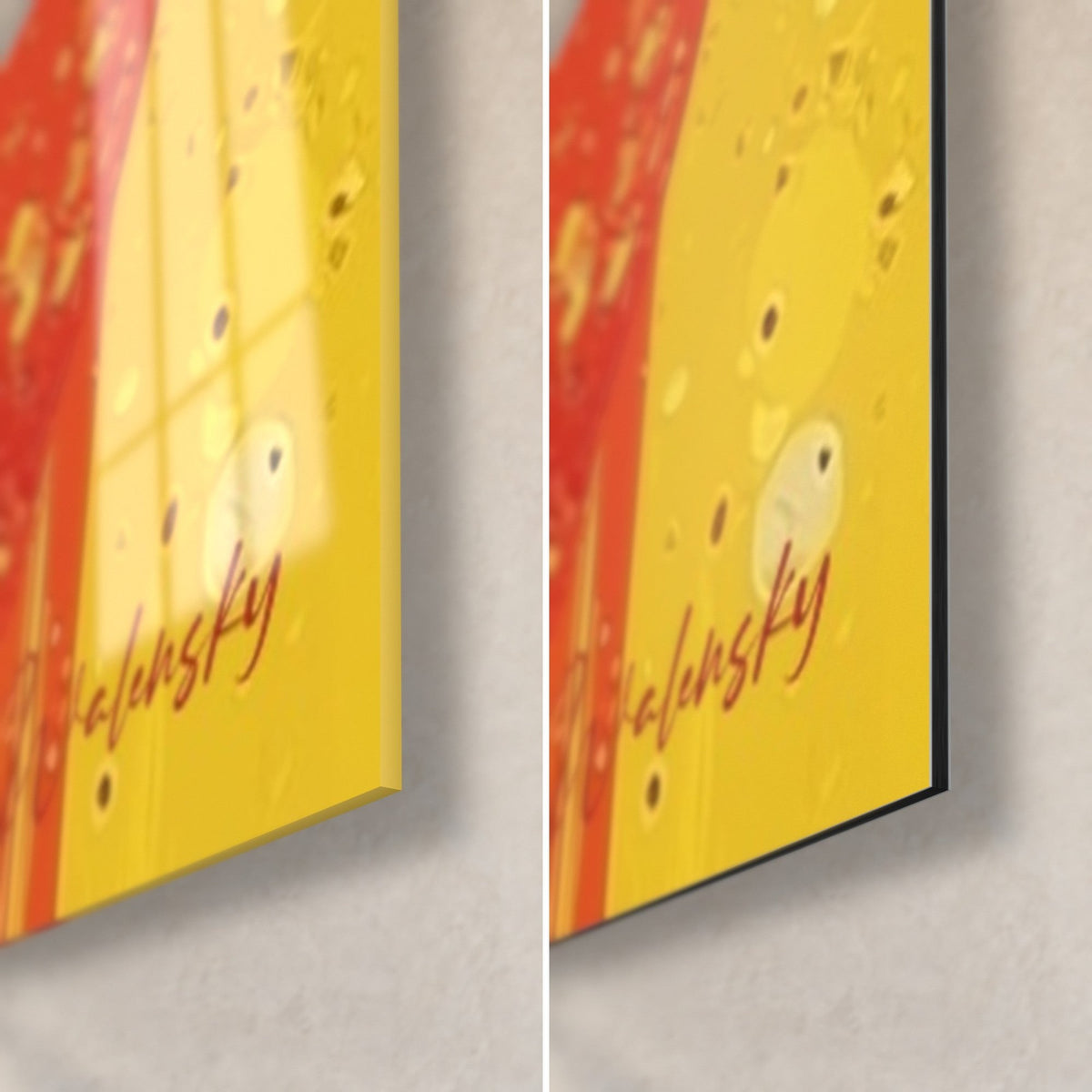 Gemälde zweifarbiger Blick, gelbe untere rechte Ecke mit orangefarbenen Punkten gesprenkelt, glänzendes Acrylglas gegenüber matt schwarzem Dibond-Alu