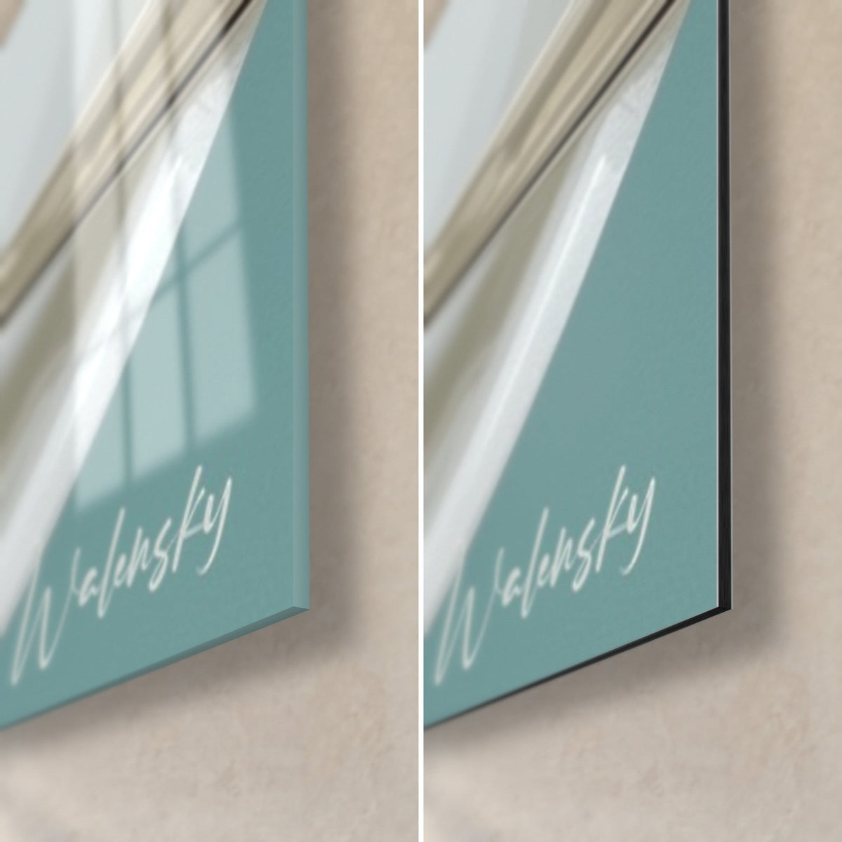 Quadro tazza di caffè con colature marroni, angolo in basso a destra: vetro acrilico lucido e riflessi, Dibond blu opaco, spessore 3 mm