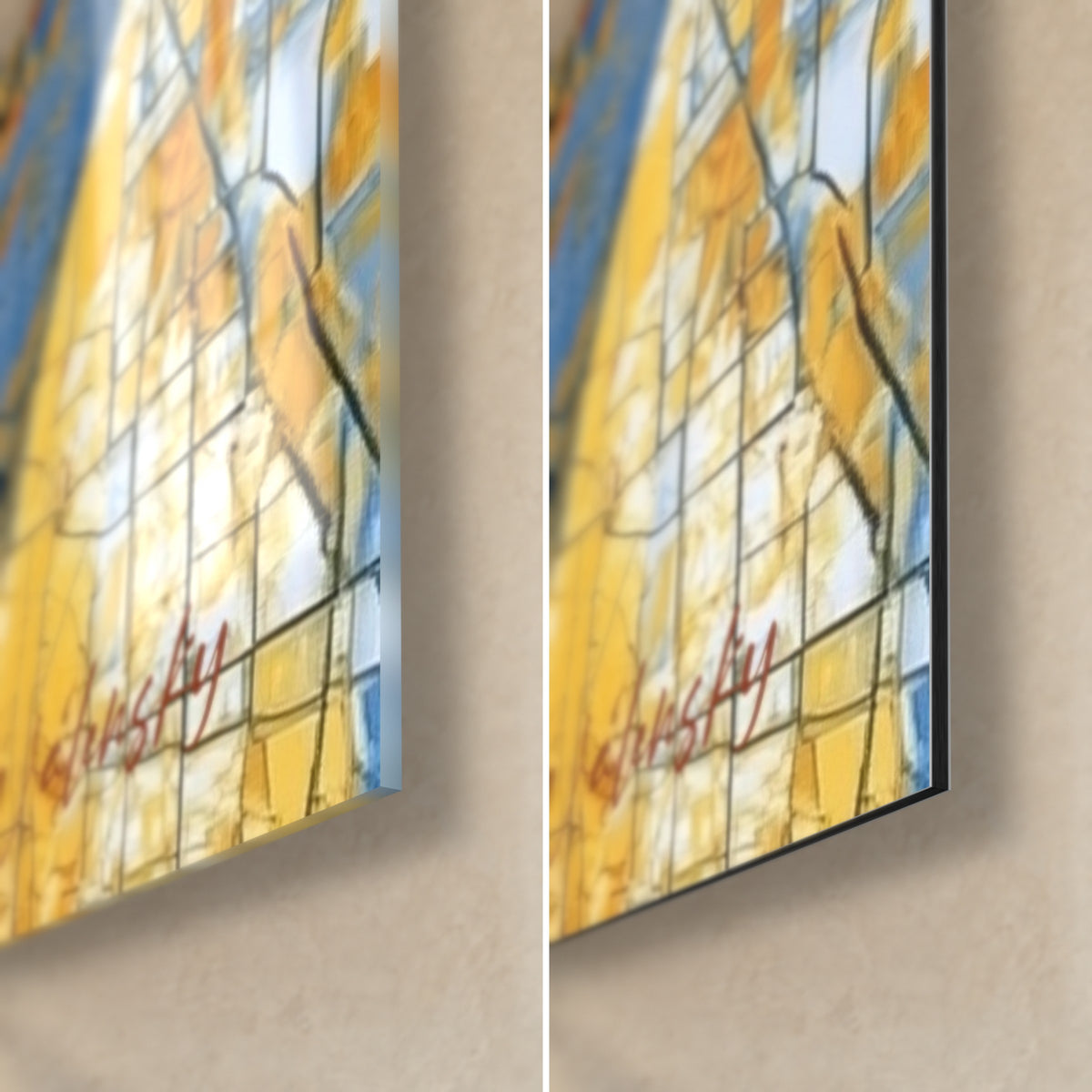 Wall art blue and gold mosaic portrait, bottom right corner: glossy glass on the left, matte Dibond aluminium on the right, 3 mm edge visible