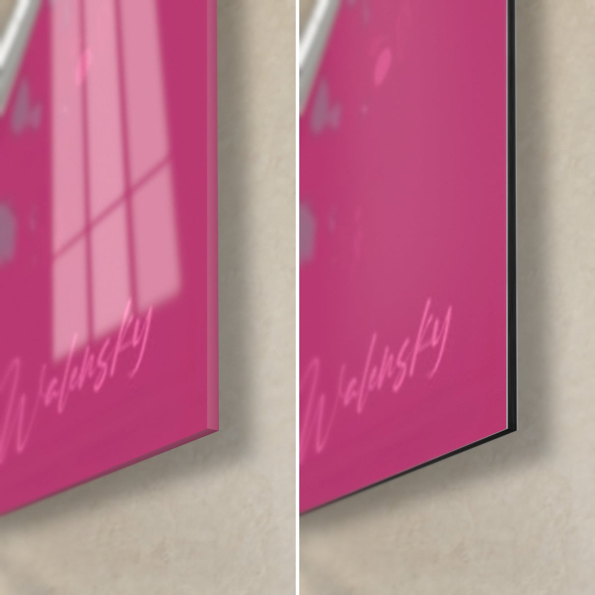 Cuadro taza gris y salpicaduras fucsia, esquina inferior derecha: cristal acrílico brillante a la izquierda, Dibond negro mate a la derecha