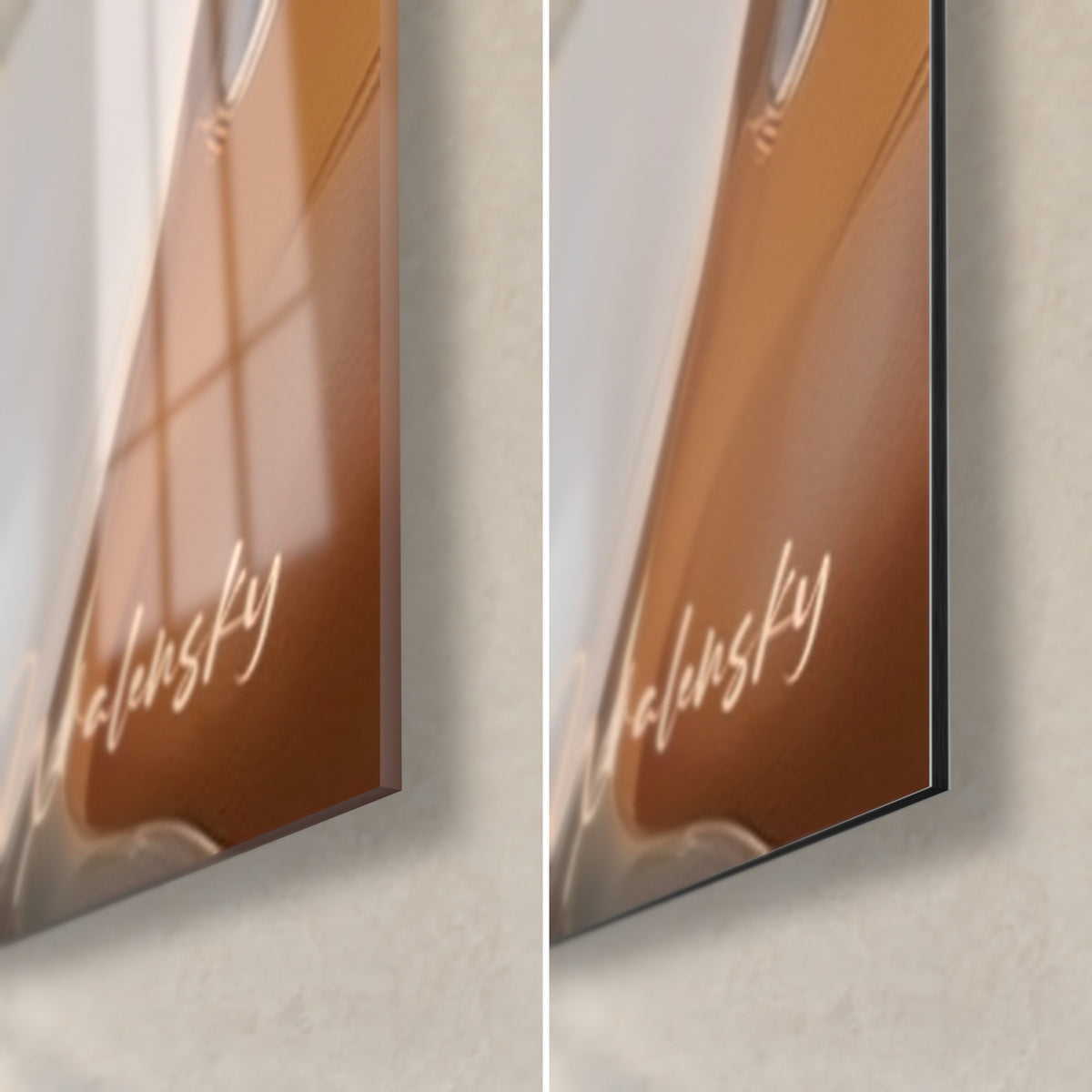 Gemälde Gesicht in Bernstein und Gold, untere rechte Ecke: glänzendes Acrylglas links, matte Dibond-Aluminium rechts, 3 mm Kante