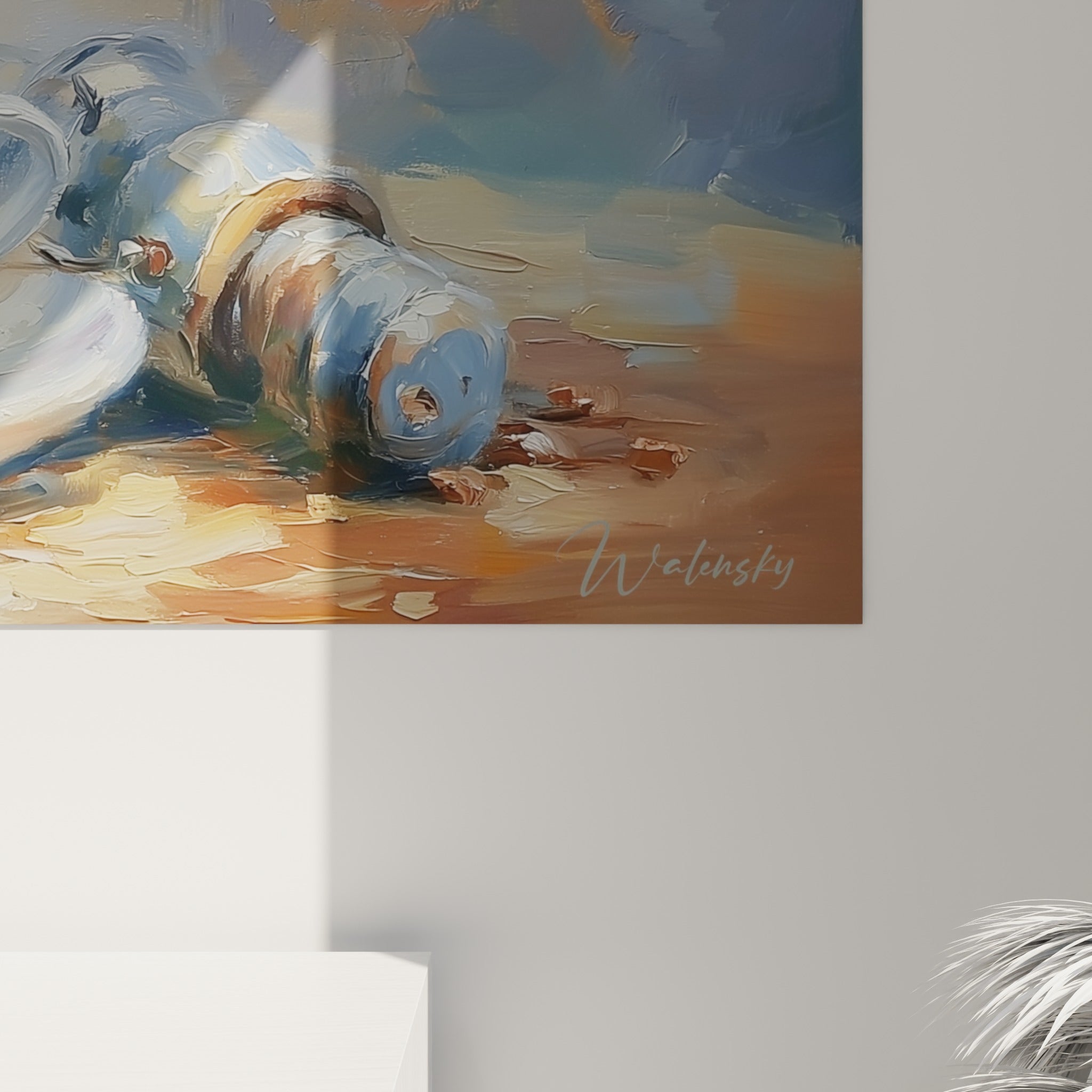 Empâtements ocre et bleu grisé texturent la cafetière métallique et la vapeur peinte au couteau