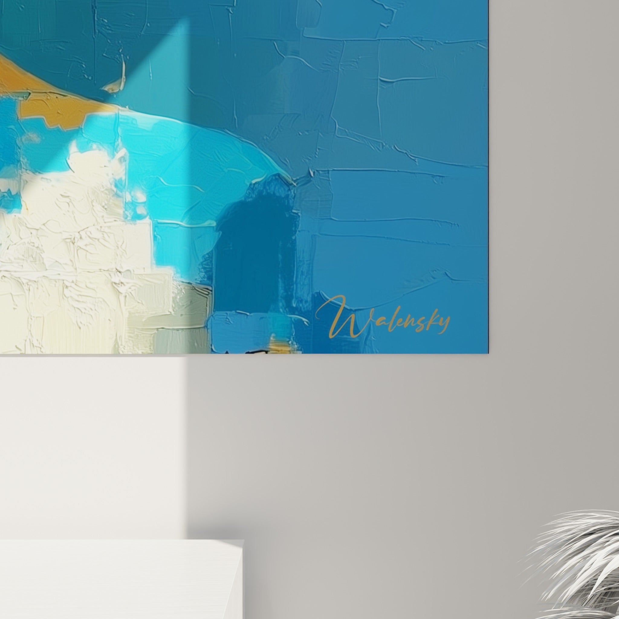 Empâtements épais mêlant bleu profond et orange brûlé, matière picturale visible en gros plan sur la toile
