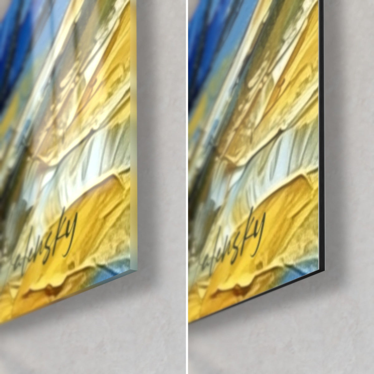 Tableau pause café en tasses bleues, coin bas droit : empâtements jaune d'or et bleu ciel, signature Walensky, tranche de 3 mm