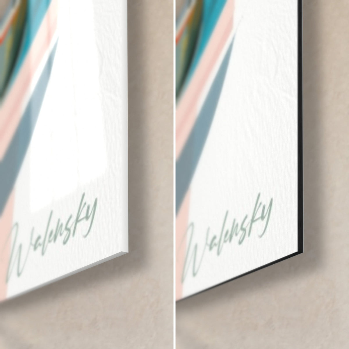 Tableau tasse bicolore, coin bas droit : verre acrylique brillant à gauche, alu Dibond mat à droite, tranche de 3 mm et signature