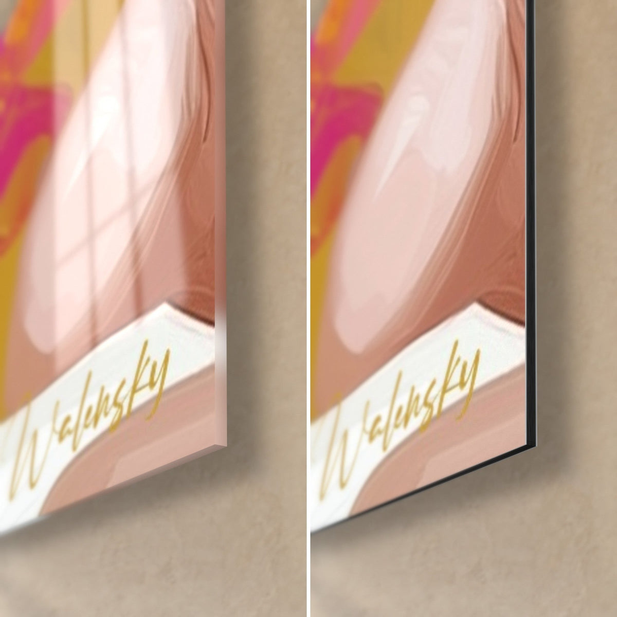 Wall art face in pink and orange brushstrokes, bottom right corner, golden signature, 3 mm thickness, glossy glass and matte Dibond